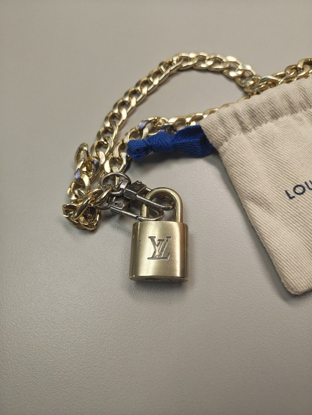 Louis Vuitton Gold Padlock With Chain and Blue Drawstring Pouch #303 - Picture 5 of 5